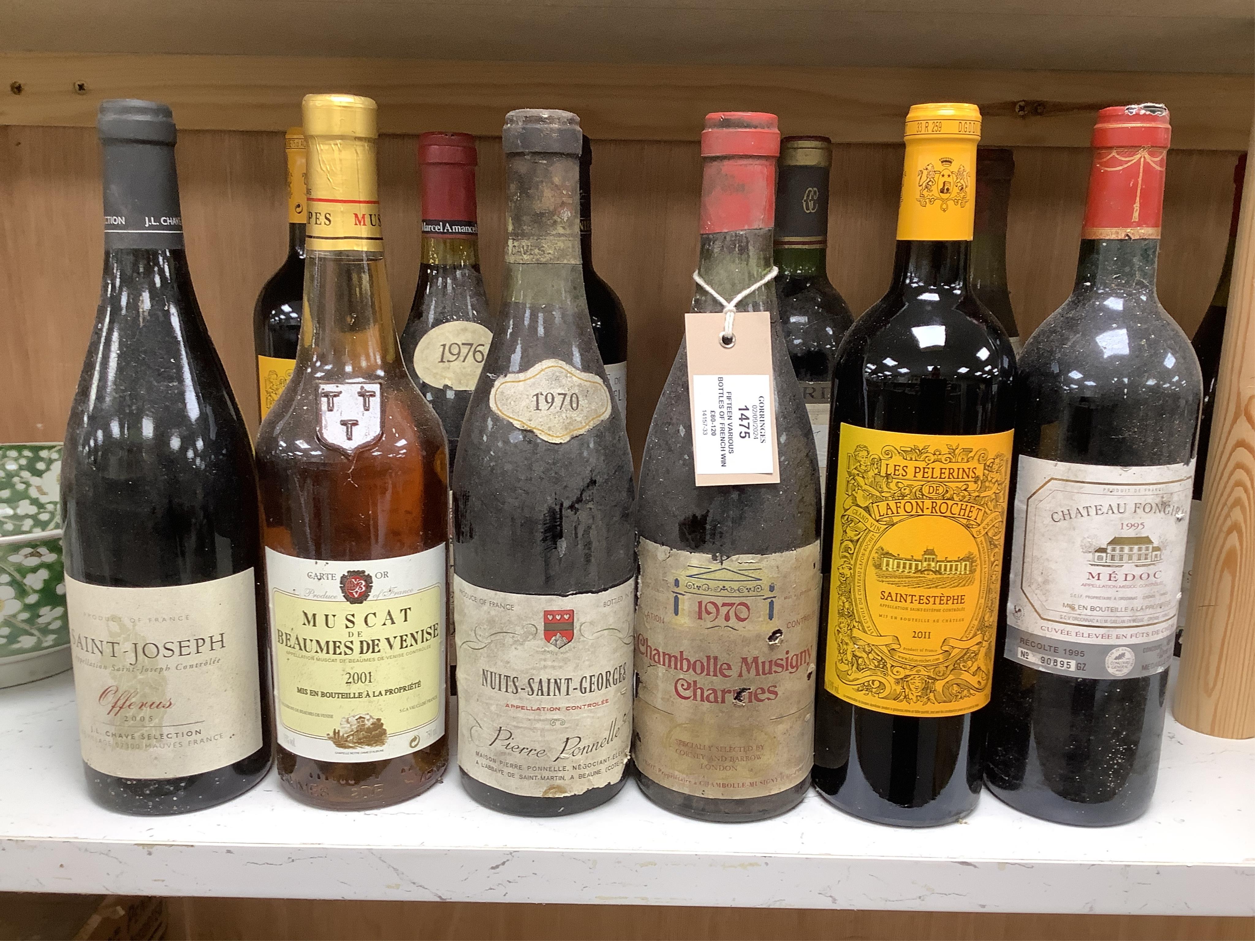 Fifteen various bottles of French wines to include 1970 Nuits-Saint-Georges Pierre Ponnelle, Domaine De Cantaussel Pic St.Martin 2004, etc. Condition - storage unknown